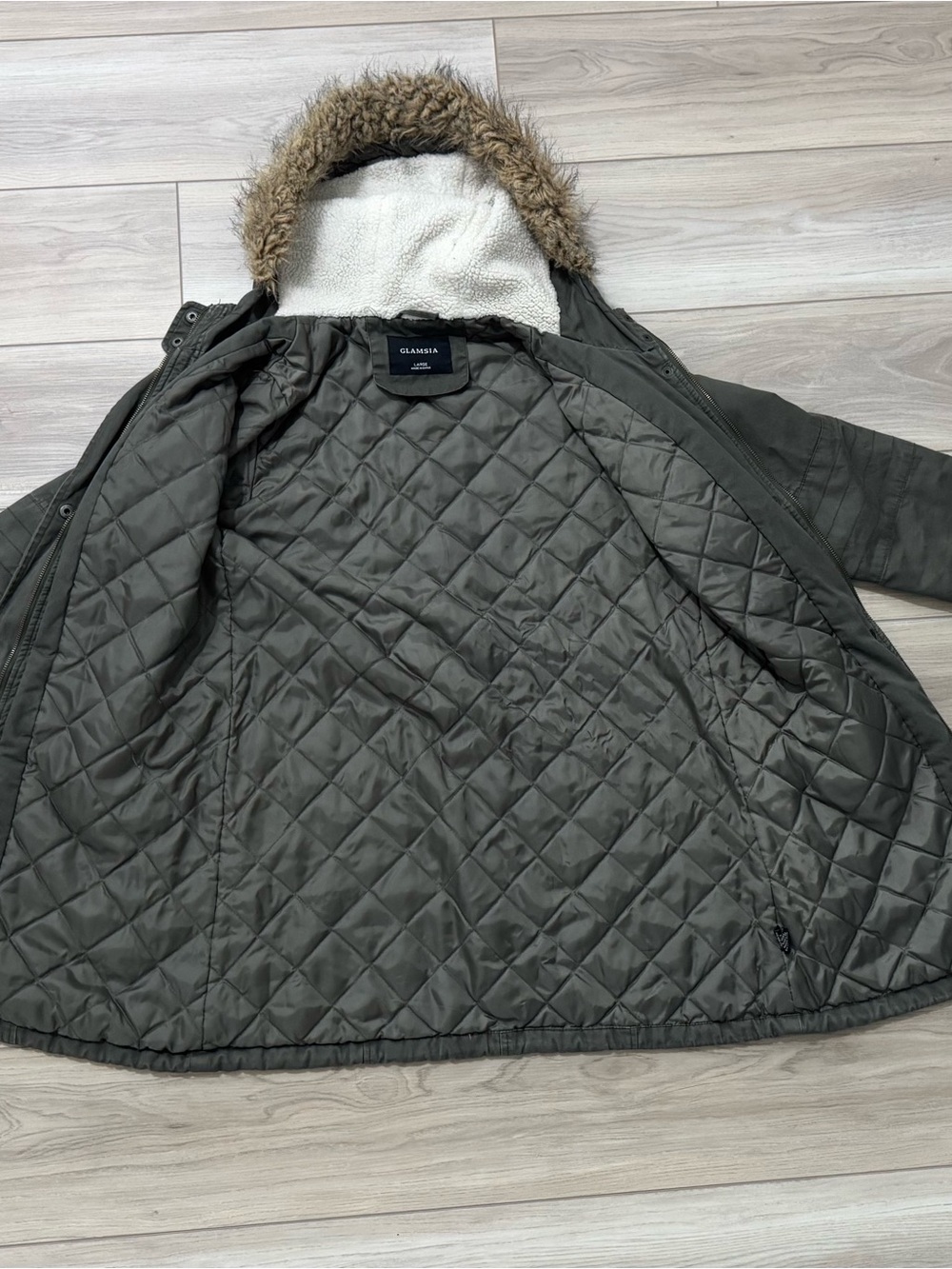 Glamisa Olive Quilted Puffer Coat with Faux Fur Hood